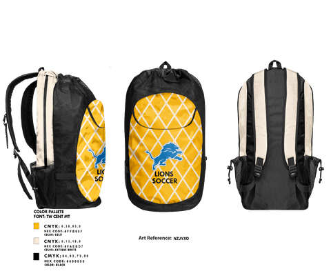 Gear Bag, Lions, Men's Soccer, Teamtime, Team time, sublimation, custom sports apparel, team uniforms, spirit wear, spiritwear, sports uniforms, custom shirts, team store, custom team store, fundraiser sports, apparel fundraiser