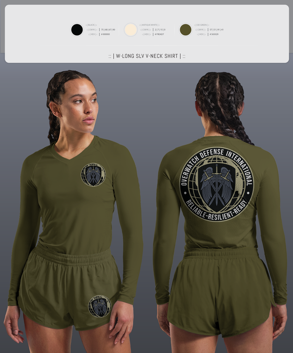 Womens Long Sleeve Vneck Shirt, Overwatch Defense International, , Teamtime, Team time, sublimation, custom sports apparel, team uniforms, spirit wear, spiritwear, sports uniforms, custom shirts, team store, custom team store, fundraiser sports, apparel fundraiser