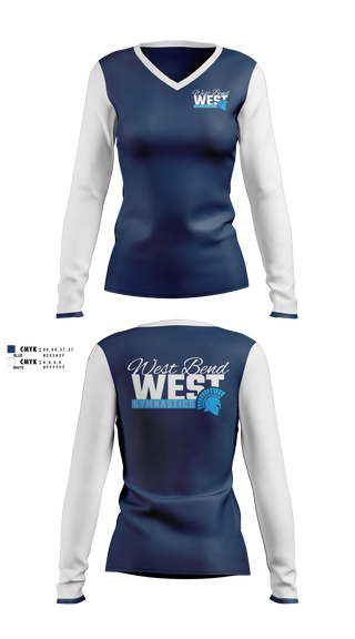 Womens Long Sleeve Vneck Shirt, West Bend West Gymnastics, Spirit Store, Teamtime, Team time, sublimation, custom sports apparel, team uniforms, spirit wear, spiritwear, sports uniforms, custom shirts, team store, custom team store, fundraiser sports, apparel fundraiser