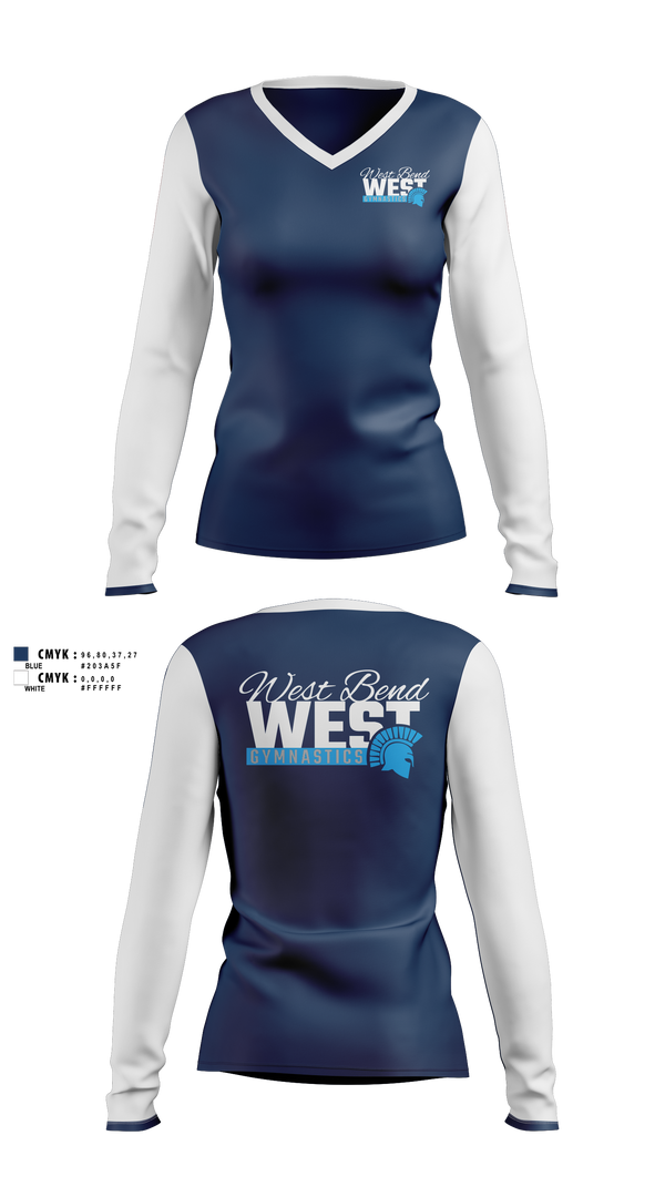 Womens Long Sleeve Vneck Shirt, West Bend West Gymnastics, Spirit Store, Teamtime, Team time, sublimation, custom sports apparel, team uniforms, spirit wear, spiritwear, sports uniforms, custom shirts, team store, custom team store, fundraiser sports, apparel fundraiser