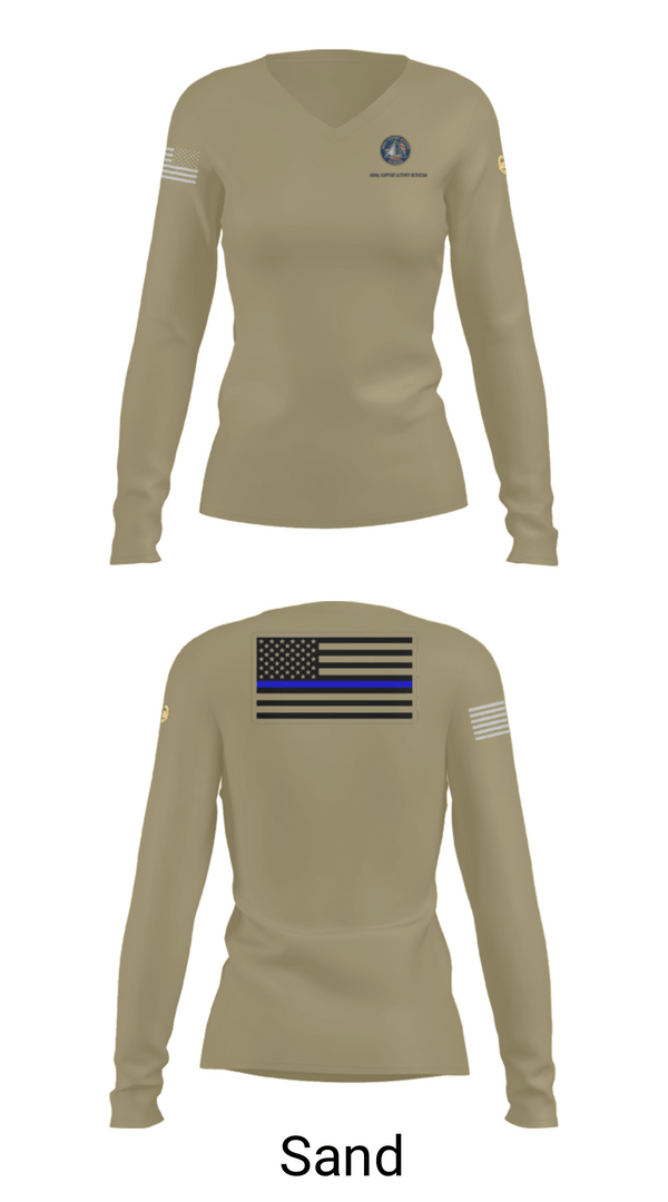 Womens Long Sleeve Vneck Shirt, NAVAL SUPPORT ACTIVITY BETHESDA SECURITY FORCES, Navy, Teamtime, Team time, sublimation, custom sports apparel, team uniforms, spirit wear, spiritwear, sports uniforms, custom shirts, team store, custom team store, fundraiser sports, apparel fundraiser