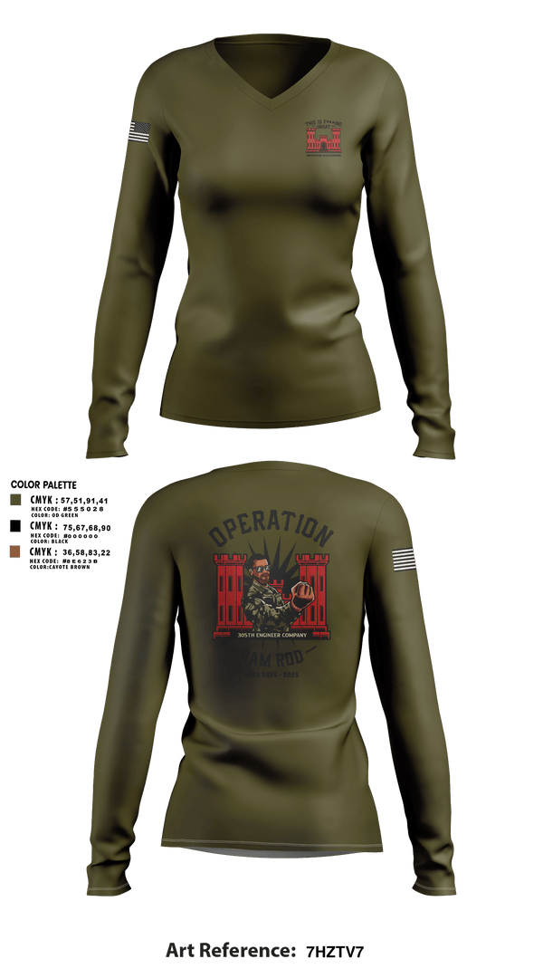 Women's Long Sleeve Vneck Shirt, 305th En Co, Army, Teamtime, Team time, sublimation, custom sports apparel, team uniforms, spirit wear, spiritwear, sports uniforms, custom shirts, team store, custom team store, fundraiser sports, apparel fundraiser
