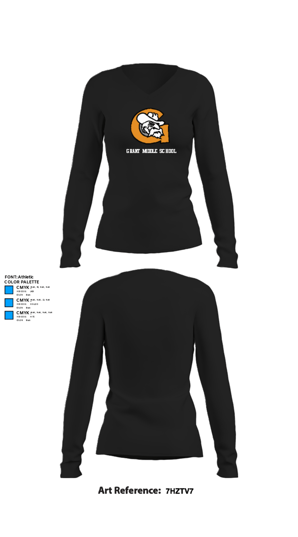 Womens Long Sleeve Vneck Shirt, Grant Middle School, Spirit Store, Teamtime, Team time, sublimation, custom sports apparel, team uniforms, spirit wear, spiritwear, sports uniforms, custom shirts, team store, custom team store, fundraiser sports, apparel fundraiser