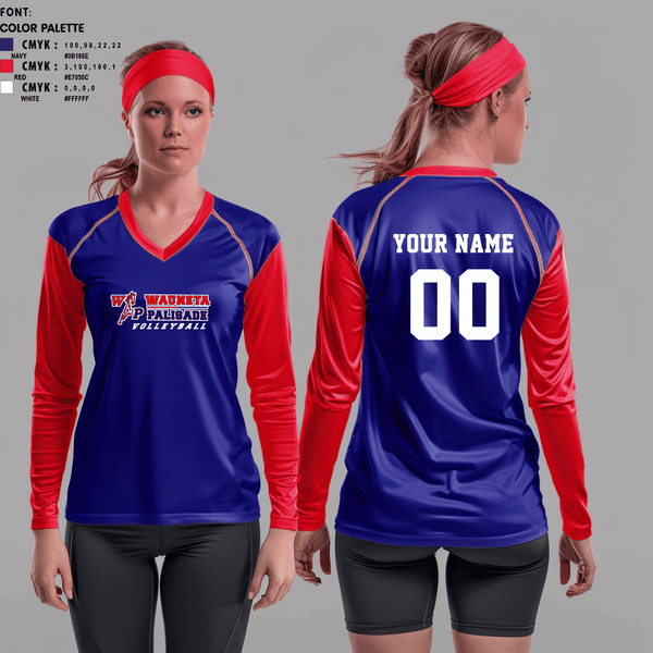 Womens Long Sleeve Vneck Shirt, Wauneta-Palisade High School Volleyball, Women's Volleyball, Teamtime, Team time, sublimation, custom sports apparel, team uniforms, spirit wear, spiritwear, sports uniforms, custom shirts, team store, custom team store, fundraiser sports, apparel fundraiser