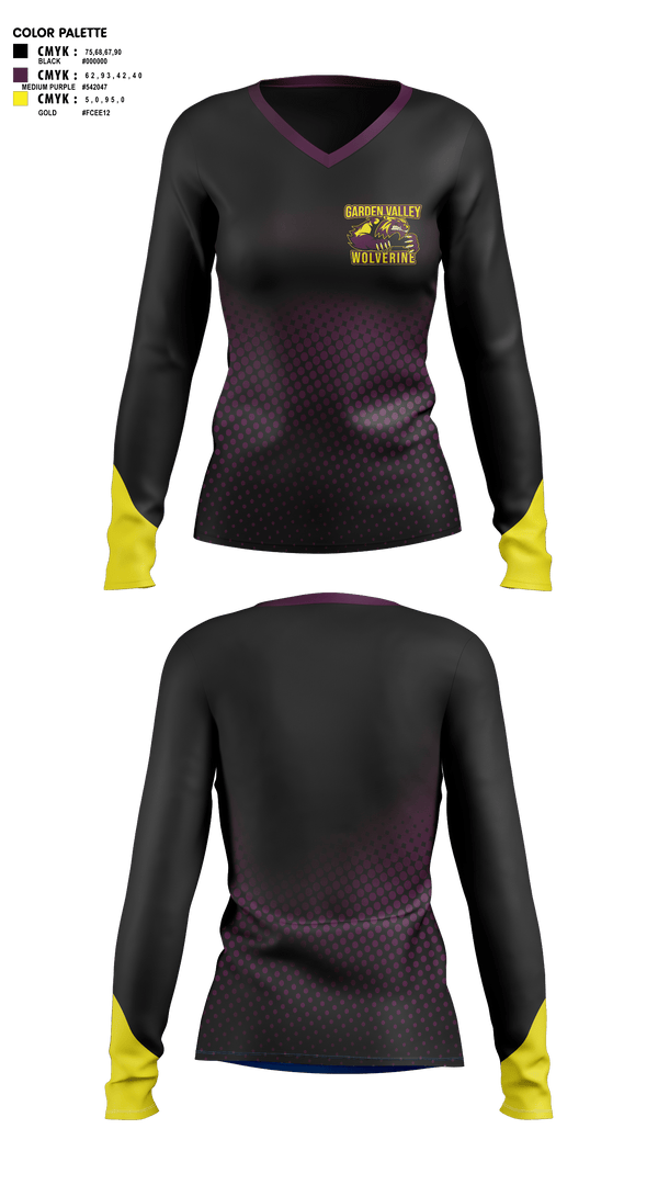 Womens Long Sleeve Vneck Shirt, Garden Valley Wolverines, Spirit Store, Teamtime, Team time, sublimation, custom sports apparel, team uniforms, spirit wear, spiritwear, sports uniforms, custom shirts, team store, custom team store, fundraiser sports, apparel fundraiser