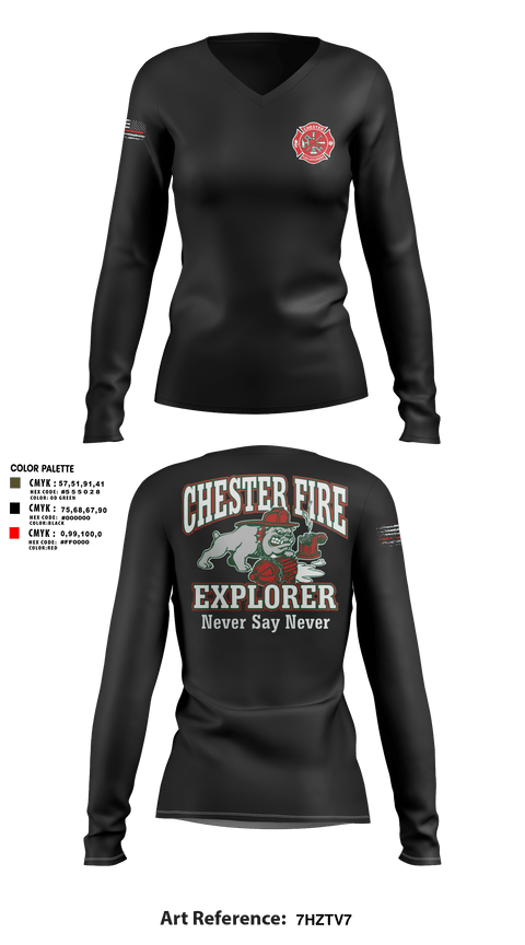 Womens Long Sleeve Vneck Shirt, Chester fire explorers, Fire Department, Teamtime, Team time, sublimation, custom sports apparel, team uniforms, spirit wear, spiritwear, sports uniforms, custom shirts, team store, custom team store, fundraiser sports, apparel fundraiser