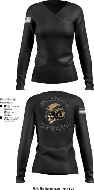 Womens Long Sleeve Vneck Shirt, 3rd PLT Black SheepDelta company 114, Army, Teamtime, Team time, sublimation, custom sports apparel, team uniforms, spirit wear, spiritwear, sports uniforms, custom shirts, team store, custom team store, fundraiser sports, apparel fundraiser