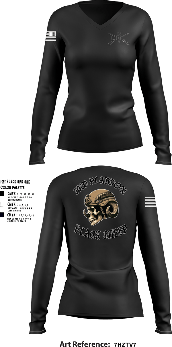 Womens Long Sleeve Vneck Shirt, 3rd PLT Black SheepDelta company 114, Army, Teamtime, Team time, sublimation, custom sports apparel, team uniforms, spirit wear, spiritwear, sports uniforms, custom shirts, team store, custom team store, fundraiser sports, apparel fundraiser