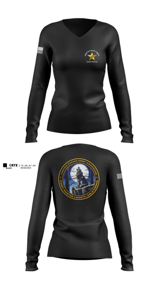 Womens Long Sleeve Vneck Shirt, USAG Fort Hunter Liggett, Army, Teamtime, Team time, sublimation, custom sports apparel, team uniforms, spirit wear, spiritwear, sports uniforms, custom shirts, team store, custom team store, fundraiser sports, apparel fundraiser