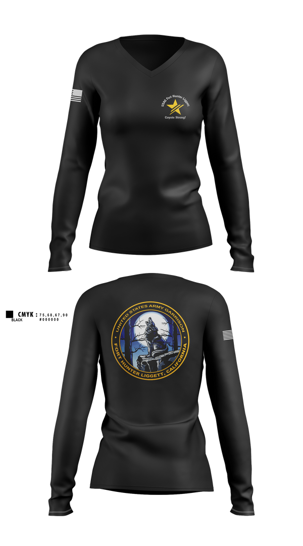 Womens Long Sleeve Vneck Shirt, USAG Fort Hunter Liggett, Army, Teamtime, Team time, sublimation, custom sports apparel, team uniforms, spirit wear, spiritwear, sports uniforms, custom shirts, team store, custom team store, fundraiser sports, apparel fundraiser