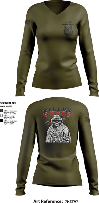 Womens Long Sleeve Vneck Shirt, 3/2CR Killer Troop, Army, Teamtime, Team time, sublimation, custom sports apparel, team uniforms, spirit wear, spiritwear, sports uniforms, custom shirts, team store, custom team store, fundraiser sports, apparel fundraiser