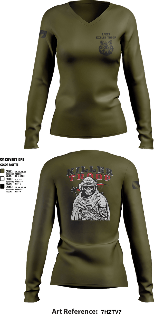 Womens Long Sleeve Vneck Shirt, 3/2CR Killer Troop, Army, Teamtime, Team time, sublimation, custom sports apparel, team uniforms, spirit wear, spiritwear, sports uniforms, custom shirts, team store, custom team store, fundraiser sports, apparel fundraiser
