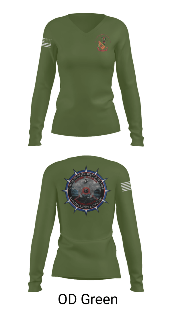 Women's Long Sleeve Vneck Shirt, 3rd Intelligence Battalion, Marines, Teamtime, Team time, sublimation, custom sports apparel, team uniforms, spirit wear, spiritwear, sports uniforms, custom shirts, team store, custom team store, fundraiser sports, apparel fundraiser