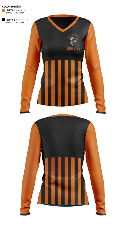 Womens Long Sleeve Vneck Shirt 1, Pennsbury High School West Campus Bowling, Bowling, Teamtime, Team time, sublimation, custom sports apparel, team uniforms, spirit wear, spiritwear, sports uniforms, custom shirts, team store, custom team store, fundraiser sports, apparel fundraiser