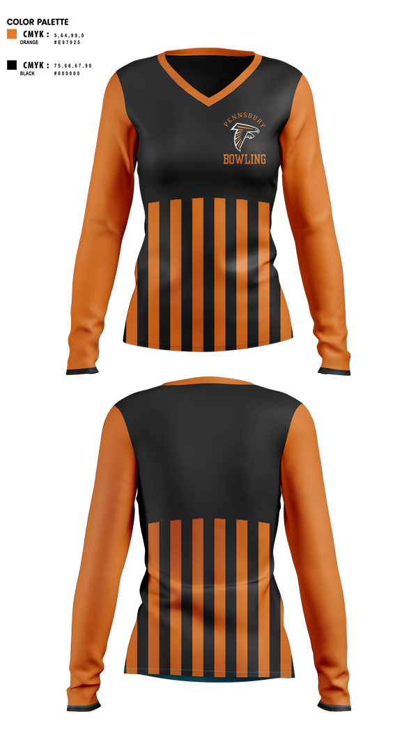 Womens Long Sleeve Vneck Shirt 1, Pennsbury High School West Campus Bowling, Bowling, Teamtime, Team time, sublimation, custom sports apparel, team uniforms, spirit wear, spiritwear, sports uniforms, custom shirts, team store, custom team store, fundraiser sports, apparel fundraiser