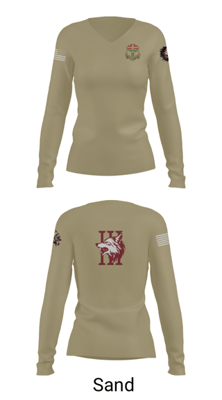 Women's Long Sleeve Vneck Shirt, Apache company, 4-6 IN, Army, Teamtime, Team time, sublimation, custom sports apparel, team uniforms, spirit wear, spiritwear, sports uniforms, custom shirts, team store, custom team store, fundraiser sports, apparel fundraiser