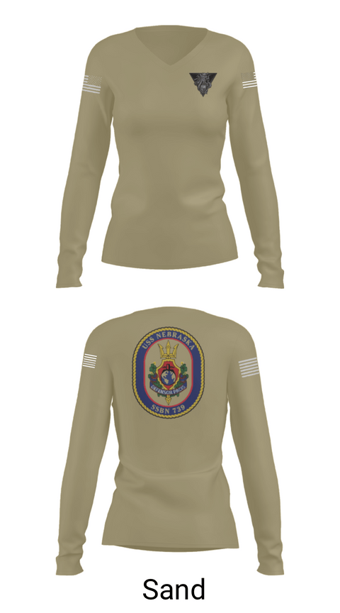Women's Long Sleeve Vneck Shirt, USS Nebraska, Navy, Teamtime, Team time, sublimation, custom sports apparel, team uniforms, spirit wear, spiritwear, sports uniforms, custom shirts, team store, custom team store, fundraiser sports, apparel fundraiser