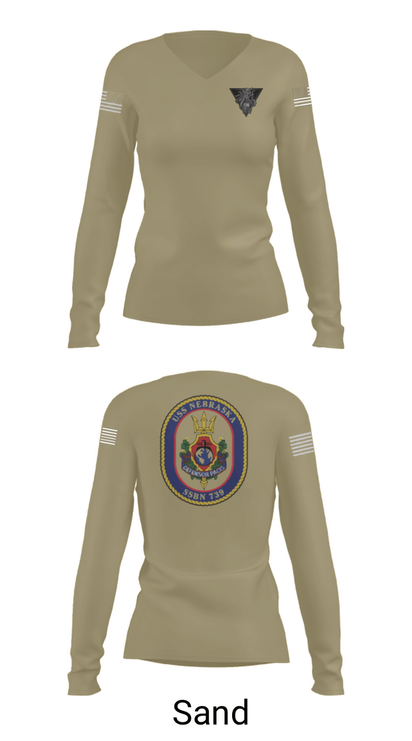 Women's Long Sleeve Vneck Shirt, USS Nebraska, Navy, Teamtime, Team time, sublimation, custom sports apparel, team uniforms, spirit wear, spiritwear, sports uniforms, custom shirts, team store, custom team store, fundraiser sports, apparel fundraiser