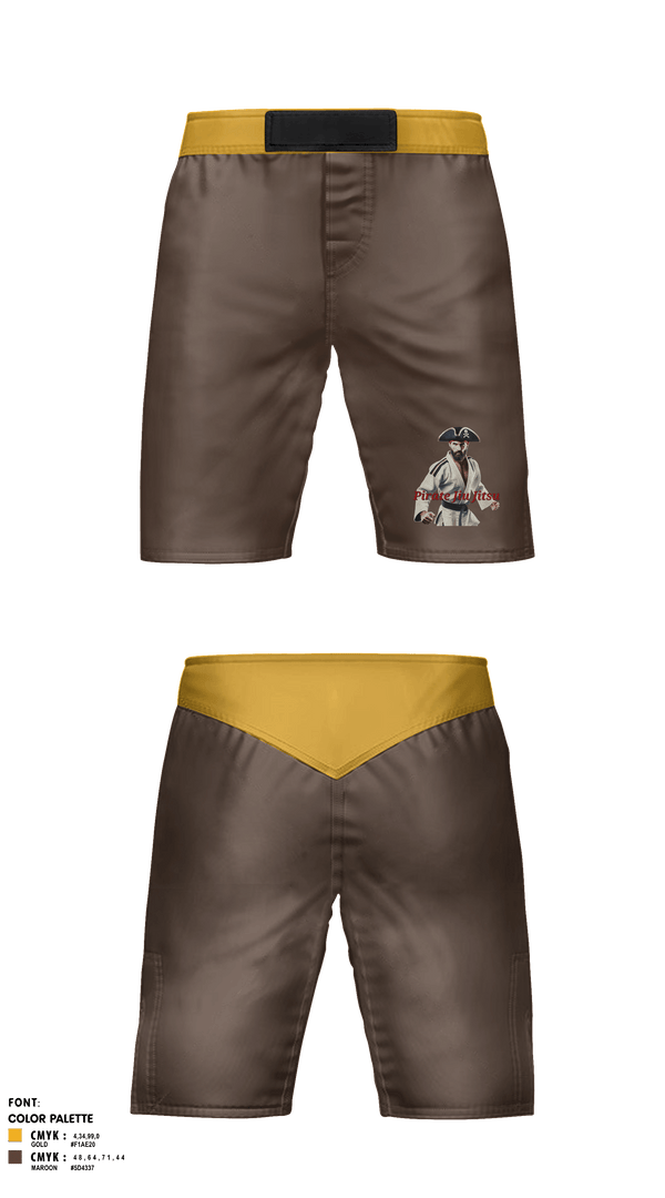 Fight Shorts, Pirate Jiu Jitsu, Wrestling, Teamtime, Team time, sublimation, custom sports apparel, team uniforms, spirit wear, spiritwear, sports uniforms, custom shirts, team store, custom team store, fundraiser sports, apparel fundraiser