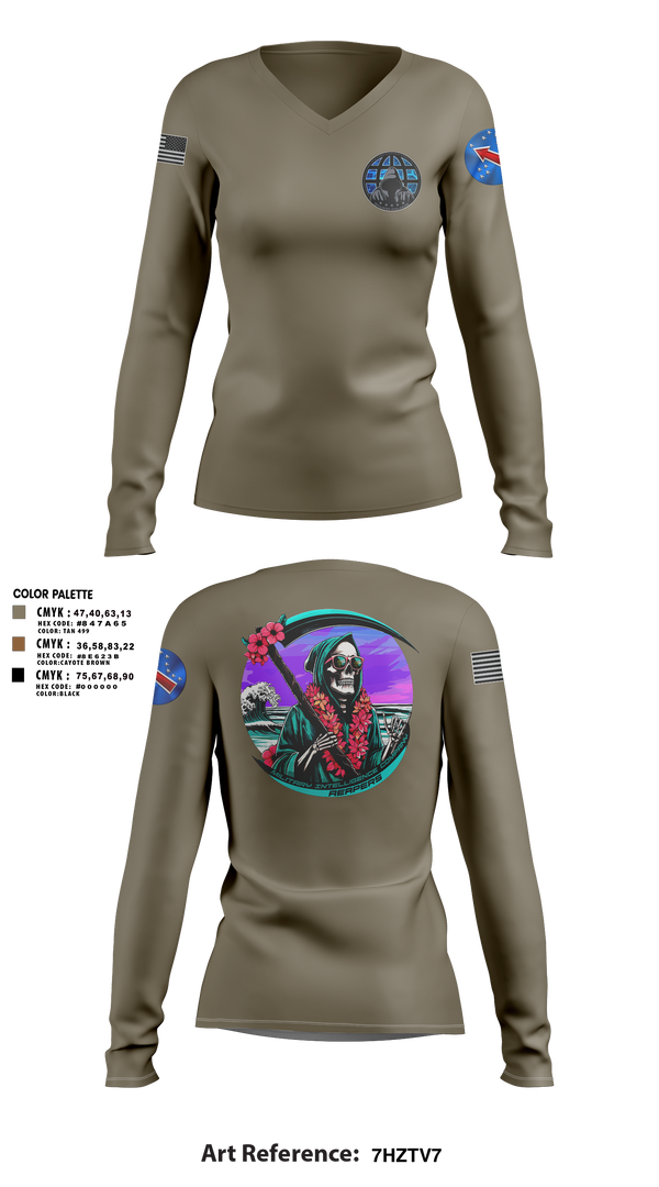 Womens Long Sleeve Vneck Shirt, REAPERS, FT SHAFTER, , Teamtime, Team time, sublimation, custom sports apparel, team uniforms, spirit wear, spiritwear, sports uniforms, custom shirts, team store, custom team store, fundraiser sports, apparel fundraiser