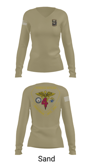 Womens Long Sleeve Vneck Shirt, 4th Med Battalion, Marines, Teamtime, Team time, sublimation, custom sports apparel, team uniforms, spirit wear, spiritwear, sports uniforms, custom shirts, team store, custom team store, fundraiser sports, apparel fundraiser