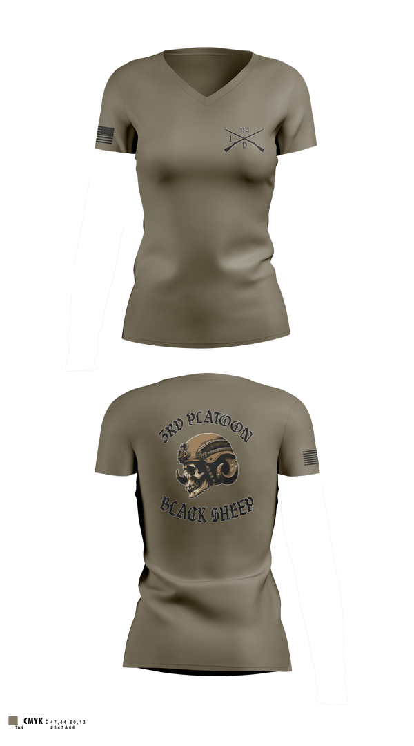 Women's Short Sleeve Vneck Shirt, 3rd PLT Black SheepDelta company 114, Army, Teamtime, Team time, sublimation, custom sports apparel, team uniforms, spirit wear, spiritwear, sports uniforms, custom shirts, team store, custom team store, fundraiser sports, apparel fundraiser