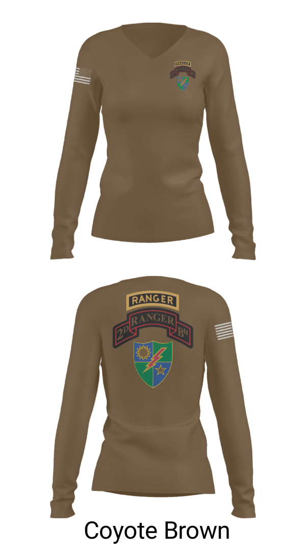 Women's Long Sleeve Vneck Shirt, 2nd Battalion 75th Ranger Regiment, , Teamtime, Team time, sublimation, custom sports apparel, team uniforms, spirit wear, spiritwear, sports uniforms, custom shirts, team store, custom team store, fundraiser sports, apparel fundraiser