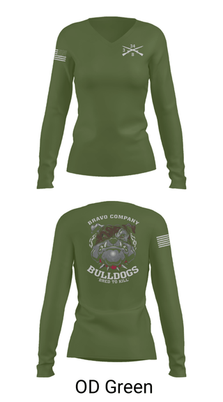 Women's Long Sleeve Vneck Shirt, B/3-34 Bulldogs, Army, Teamtime, Team time, sublimation, custom sports apparel, team uniforms, spirit wear, spiritwear, sports uniforms, custom shirts, team store, custom team store, fundraiser sports, apparel fundraiser