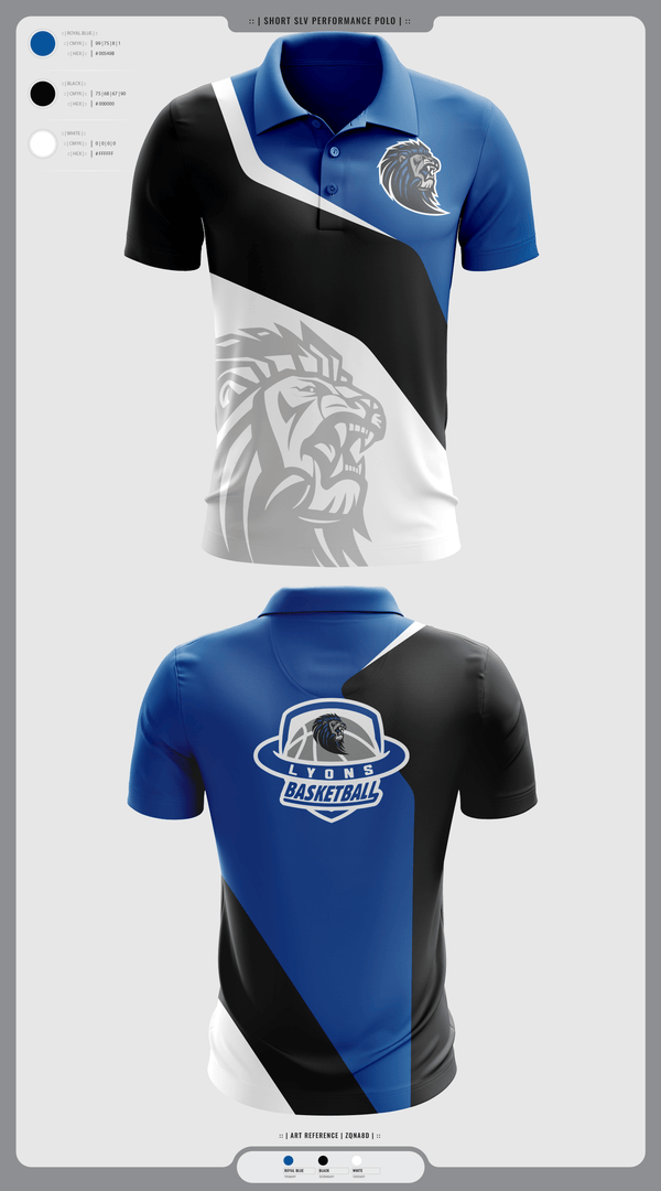 Short Sleeve Performance Polo, Lyons Middle School Basketball, Men's Basketball, Teamtime, Team time, sublimation, custom sports apparel, team uniforms, spirit wear, spiritwear, sports uniforms, custom shirts, team store, custom team store, fundraiser sports, apparel fundraiser