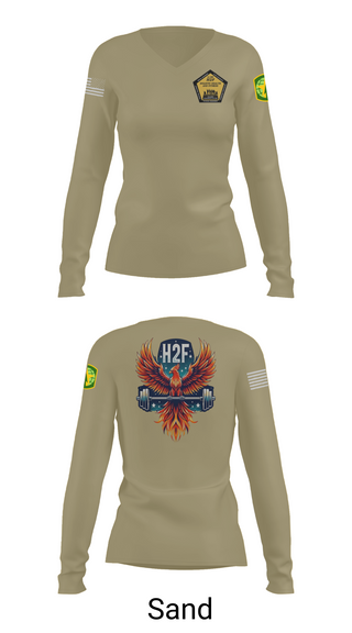 Womens Long Sleeve Vneck Shirt 1, Phoenix H2F, Army, Teamtime, Team time, sublimation, custom sports apparel, team uniforms, spirit wear, spiritwear, sports uniforms, custom shirts, team store, custom team store, fundraiser sports, apparel fundraiser