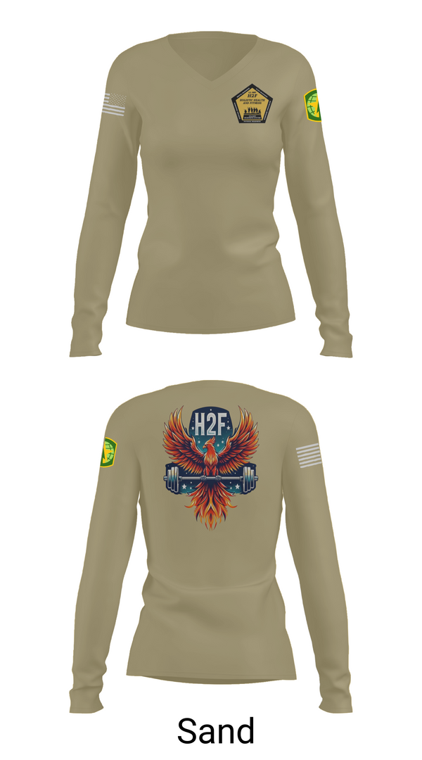 Womens Long Sleeve Vneck Shirt 1, Phoenix H2F, Army, Teamtime, Team time, sublimation, custom sports apparel, team uniforms, spirit wear, spiritwear, sports uniforms, custom shirts, team store, custom team store, fundraiser sports, apparel fundraiser