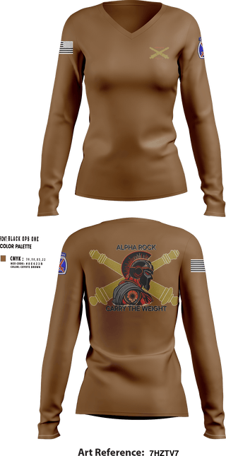 Womens Long Sleeve Vneck Shirt, ALPHA ROCK, Army, Teamtime, Team time, sublimation, custom sports apparel, team uniforms, spirit wear, spiritwear, sports uniforms, custom shirts, team store, custom team store, fundraiser sports, apparel fundraiser