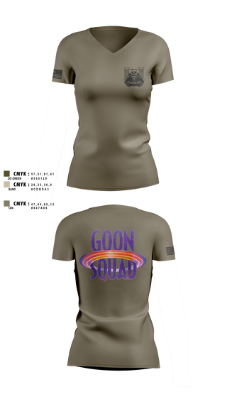 Womens Short Sleeve Vneck Shirt, GOON SQUAD, Army, Teamtime, Team time, sublimation, custom sports apparel, team uniforms, spirit wear, spiritwear, sports uniforms, custom shirts, team store, custom team store, fundraiser sports, apparel fundraiser