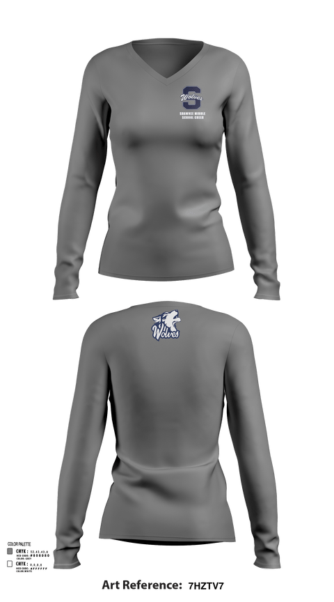 Womens Long Sleeve Vneck Shirt, Shawnee Middle School Cheer, Cheer, Teamtime, Team time, sublimation, custom sports apparel, team uniforms, spirit wear, spiritwear, sports uniforms, custom shirts, team store, custom team store, fundraiser sports, apparel fundraiser
