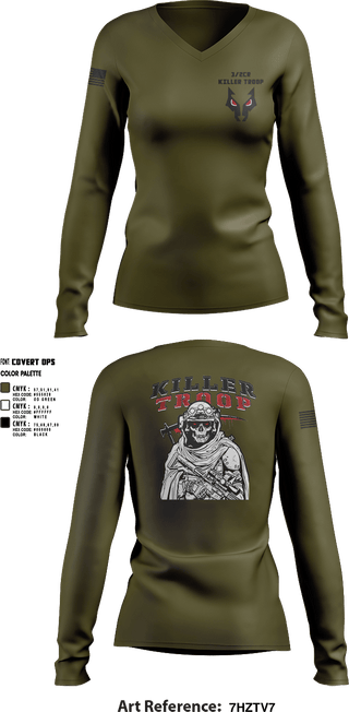 Womens Long Sleeve Vneck Shirt, 3/2CR Killer Troop, Army, Teamtime, Team time, sublimation, custom sports apparel, team uniforms, spirit wear, spiritwear, sports uniforms, custom shirts, team store, custom team store, fundraiser sports, apparel fundraiser