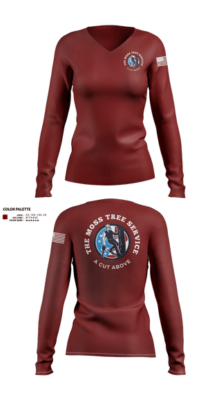 Womens Long Sleeve Vneck Shirt, The Moss Tree Service, , Teamtime, Team time, sublimation, custom sports apparel, team uniforms, spirit wear, spiritwear, sports uniforms, custom shirts, team store, custom team store, fundraiser sports, apparel fundraiser