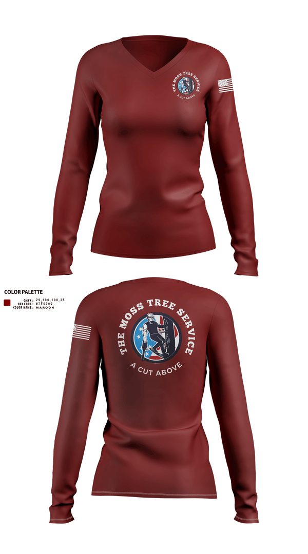 Womens Long Sleeve Vneck Shirt, The Moss Tree Service, , Teamtime, Team time, sublimation, custom sports apparel, team uniforms, spirit wear, spiritwear, sports uniforms, custom shirts, team store, custom team store, fundraiser sports, apparel fundraiser