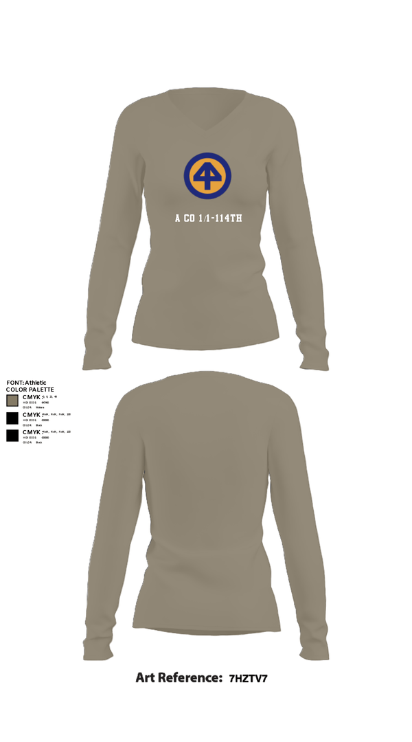 Women's Long Sleeve Vneck Shirt, A Co 1/1-114th, Army, Teamtime, Team time, sublimation, custom sports apparel, team uniforms, spirit wear, spiritwear, sports uniforms, custom shirts, team store, custom team store, fundraiser sports, apparel fundraiser