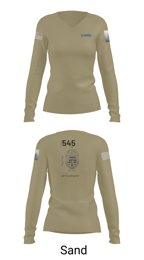 Womens Long Sleeve Vneck Shirt, TN VFW, Army, Teamtime, Team time, sublimation, custom sports apparel, team uniforms, spirit wear, spiritwear, sports uniforms, custom shirts, team store, custom team store, fundraiser sports, apparel fundraiser