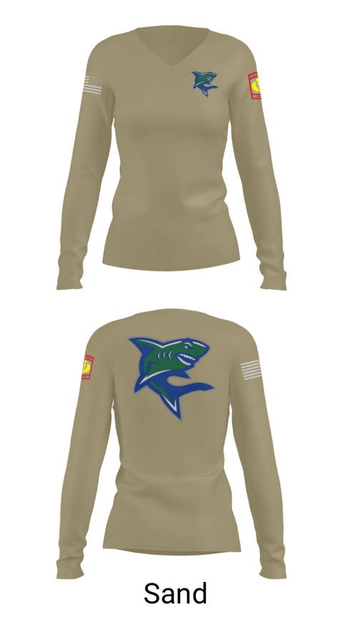 Women's Long Sleeve Vneck Shirt, Bullshark Battalion, Army, Teamtime, Team time, sublimation, custom sports apparel, team uniforms, spirit wear, spiritwear, sports uniforms, custom shirts, team store, custom team store, fundraiser sports, apparel fundraiser