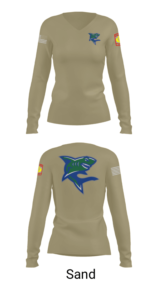 Women's Long Sleeve Vneck Shirt, Bullshark Battalion, Army, Teamtime, Team time, sublimation, custom sports apparel, team uniforms, spirit wear, spiritwear, sports uniforms, custom shirts, team store, custom team store, fundraiser sports, apparel fundraiser