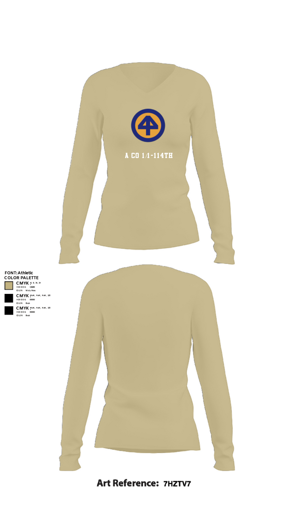 Women's Long Sleeve Vneck Shirt, A Co 1/1-114th, Army, Teamtime, Team time, sublimation, custom sports apparel, team uniforms, spirit wear, spiritwear, sports uniforms, custom shirts, team store, custom team store, fundraiser sports, apparel fundraiser