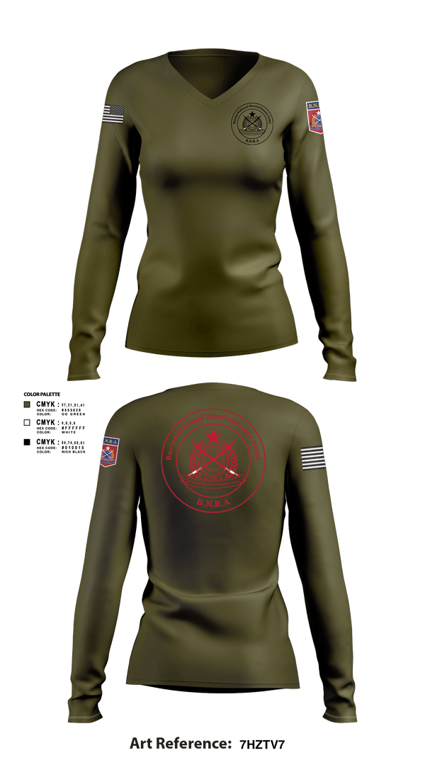 Women's Long Sleeve Vneck Shirt, B.N.R.A, Army, Teamtime, Team time, sublimation, custom sports apparel, team uniforms, spirit wear, spiritwear, sports uniforms, custom shirts, team store, custom team store, fundraiser sports, apparel fundraiser