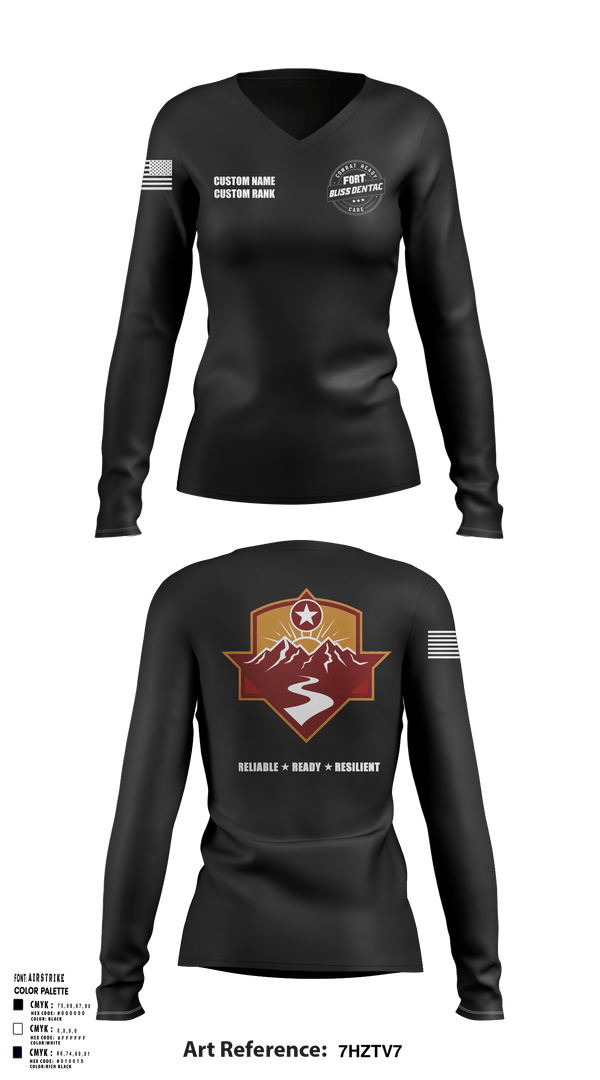 Womens Long Sleeve Vneck Shirt, Fort Bliss DENTAC, Army, Teamtime, Team time, sublimation, custom sports apparel, team uniforms, spirit wear, spiritwear, sports uniforms, custom shirts, team store, custom team store, fundraiser sports, apparel fundraiser