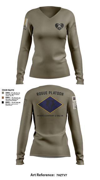 Womens Long Sleeve Vneck Shirt, B. CO 2-502, Army, Teamtime, Team time, sublimation, custom sports apparel, team uniforms, spirit wear, spiritwear, sports uniforms, custom shirts, team store, custom team store, fundraiser sports, apparel fundraiser