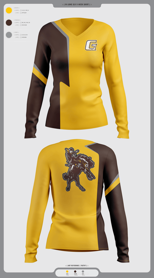 Womens Long Sleeve Vneck Shirt, Garden City Broncbusters, Golf, Teamtime, Team time, sublimation, custom sports apparel, team uniforms, spirit wear, spiritwear, sports uniforms, custom shirts, team store, custom team store, fundraiser sports, apparel fundraiser