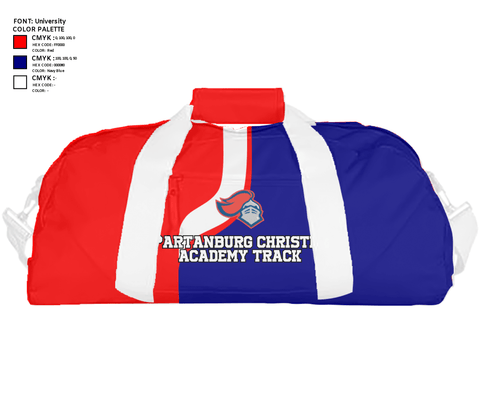 Duffle Bag, Spartanburg Christian Academy Track, Track & Field, Teamtime, Team time, sublimation, custom sports apparel, team uniforms, spirit wear, spiritwear, sports uniforms, custom shirts, team store, custom team store, fundraiser sports, apparel fundraiser