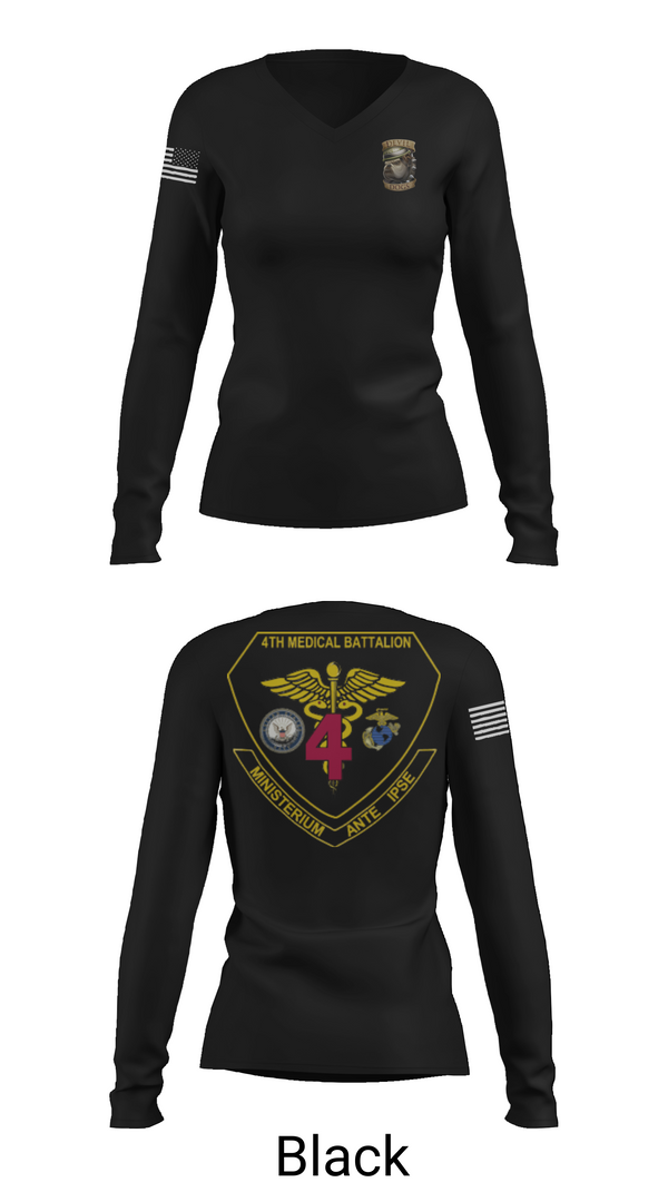 Womens Long Sleeve Vneck Shirt, 4th Med Battalion, Marines, Teamtime, Team time, sublimation, custom sports apparel, team uniforms, spirit wear, spiritwear, sports uniforms, custom shirts, team store, custom team store, fundraiser sports, apparel fundraiser