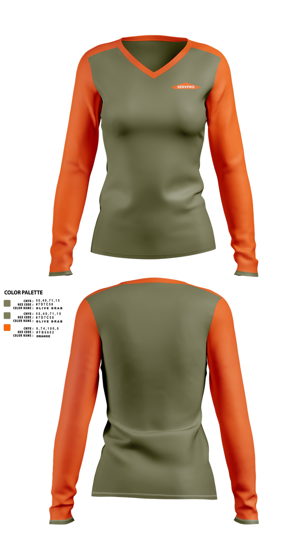 Womens Long Sleeve Vneck Shirt, Servpro, , Teamtime, Team time, sublimation, custom sports apparel, team uniforms, spirit wear, spiritwear, sports uniforms, custom shirts, team store, custom team store, fundraiser sports, apparel fundraiser