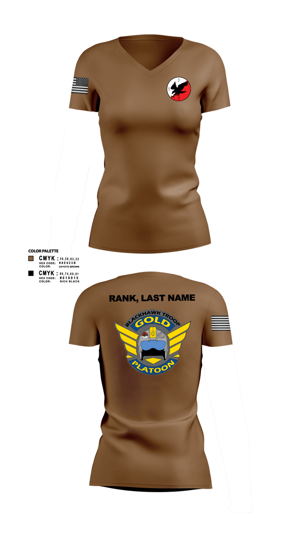 Womens Short Sleeve Vneck Shirt, Savage Platoon, 2-7 CAV1/7 CAV, Blackhawk Troop, Gold Platoon, Army, Teamtime, Team time, sublimation, custom sports apparel, team uniforms, spirit wear, spiritwear, sports uniforms, custom shirts, team store, custom team store, fundraiser sports, apparel fundraiser